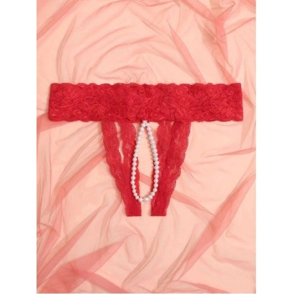 3 for $20 Plus Size Red Floral Lace Pearls Crotchless Thong Panty - Picture 2 of 5